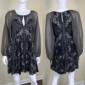 Free People Women's Size 4 Black Oksana Mosaic Sheer Mini Dress Peasant Boho